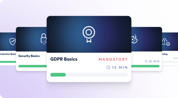 Dashboard showing mandatory GDPR Basics training module with 15-minute duration